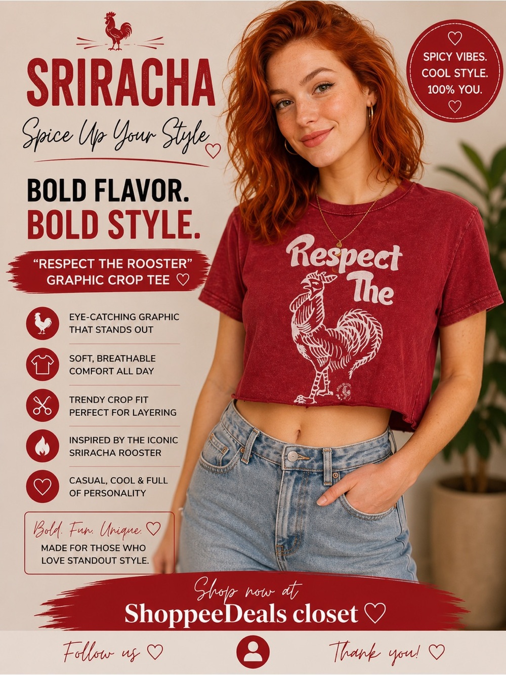 Sriracha “Respect The Rooster” Graphic Crop Tee – Size Medium